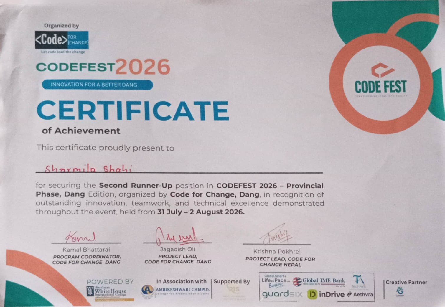 CODEFEST 2026 — Certificate of Achievement