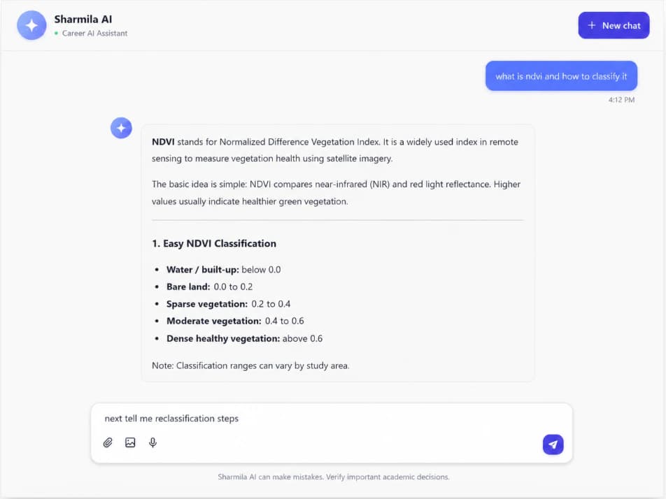 AI Sathi conversation showing an NDVI response