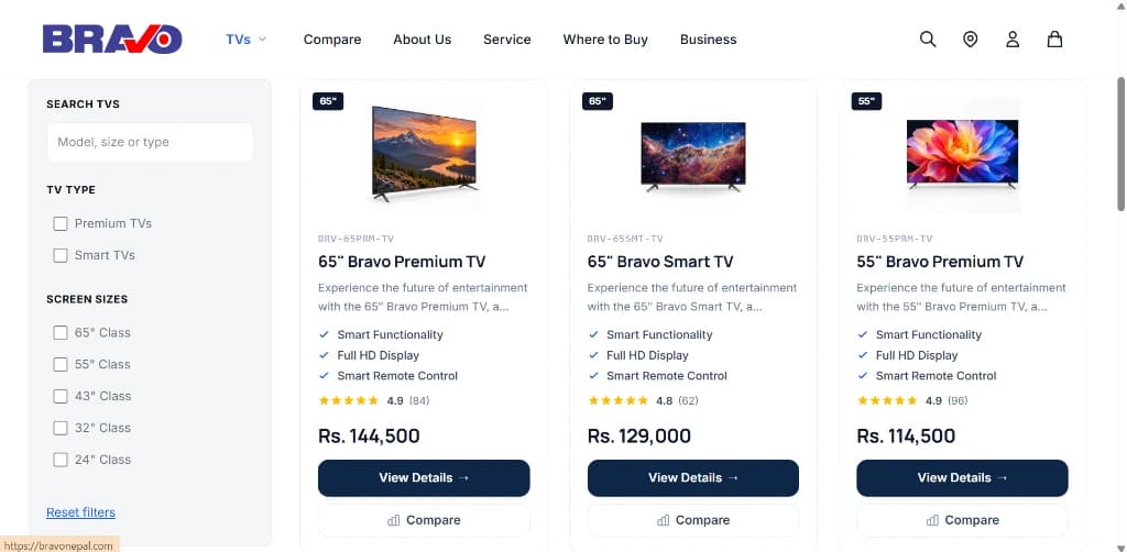 Bravo TV catalog and interactive screen size filter