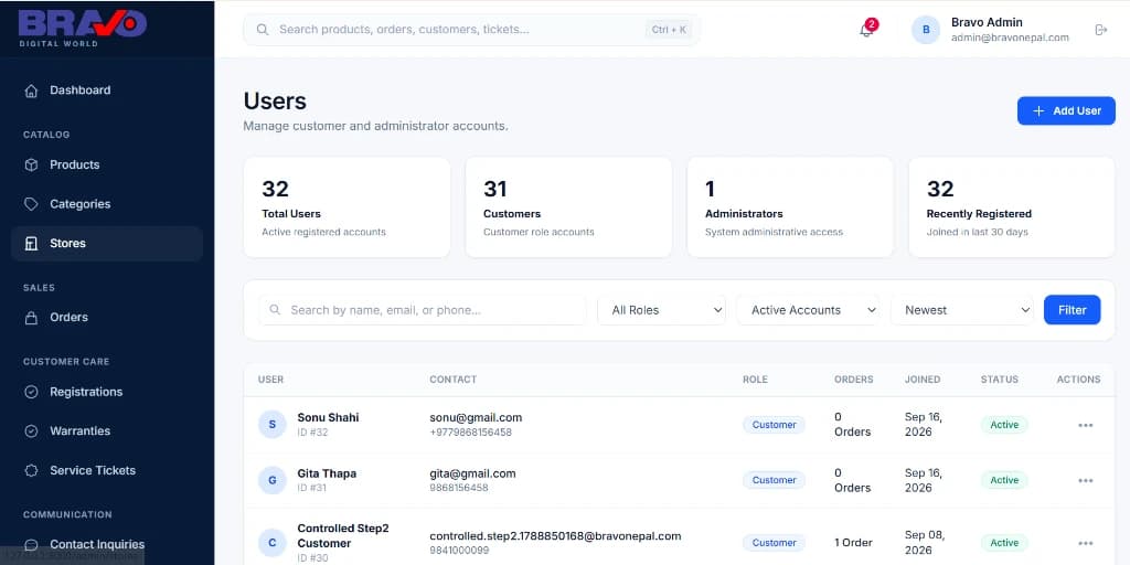 Bravo customer and administrator user account management portal