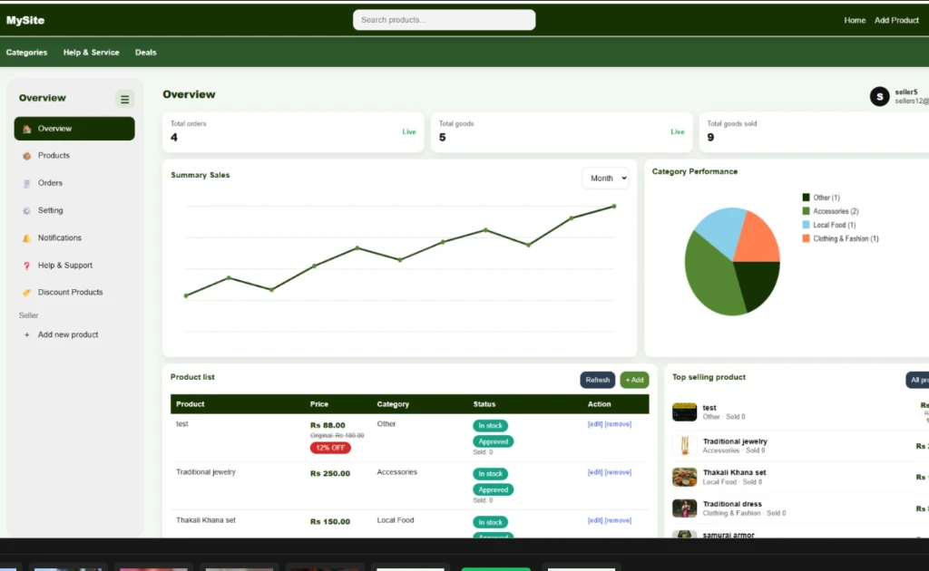 Hamro Bazar seller sales analytics dashboard and product inventory