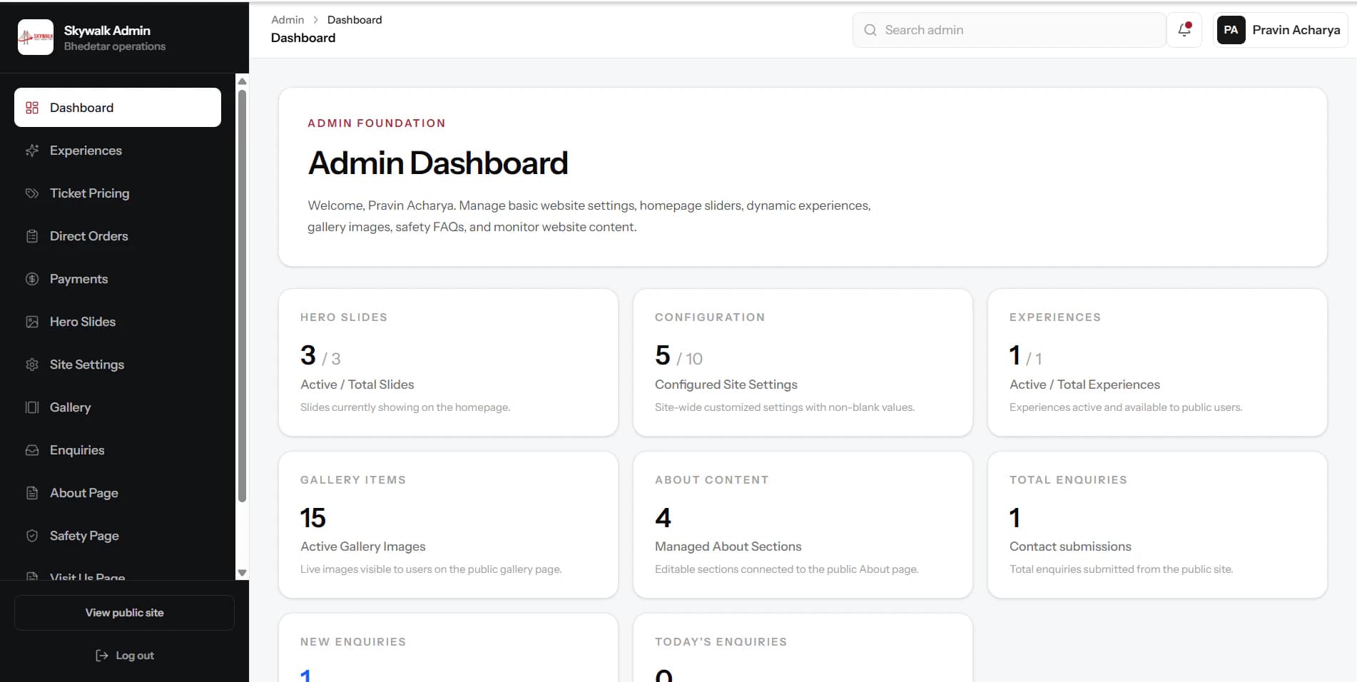 Skywalk Bhedetar administrative dashboard