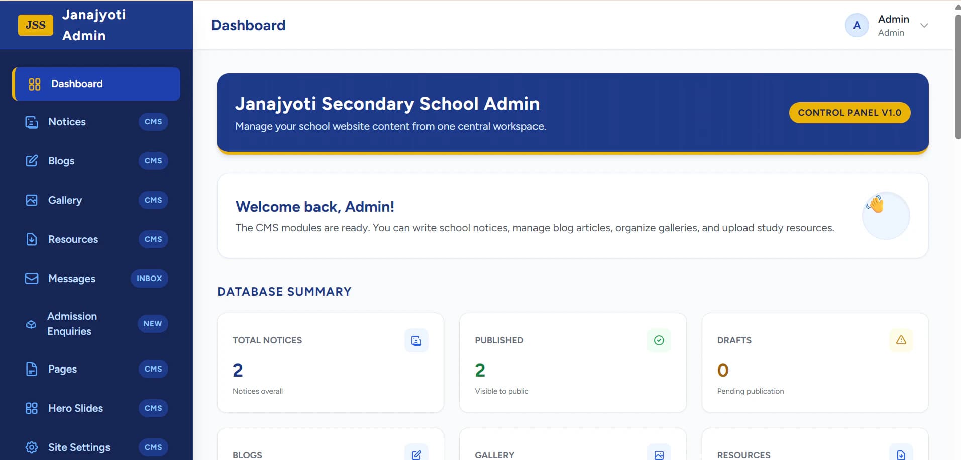 Janjyoti Secondary Boarding School administrative dashboard